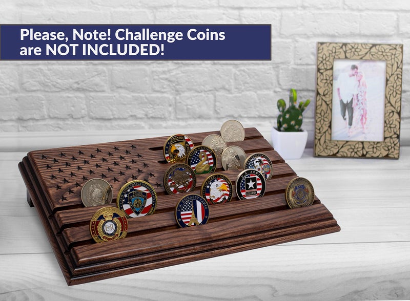 TESLYAR 6 Rows Military Challenge Coins Stand Holder Display Rack Wooden Army Collectible Challenge Coin Display Case Wood Stand  Holds 30-36 Coins Natural Solid Wood Brown American Flag (Brown) - Image 4